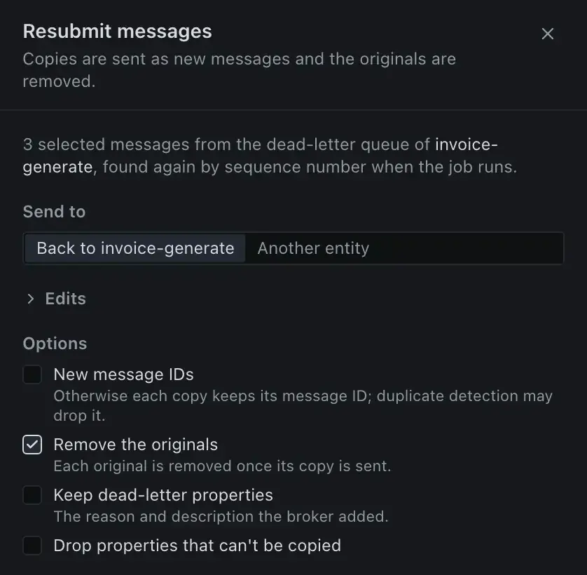 The Resubmit sheet for three selected messages: back to invoice-generate, with Remove the originals checked